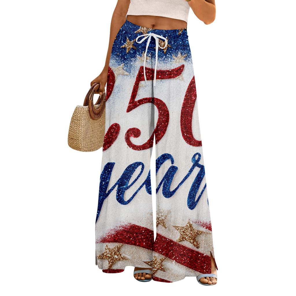 Women Summer Boho Palazzo Pants High Waist Wide Leg Floral Printing Casual Trousers With Pockets