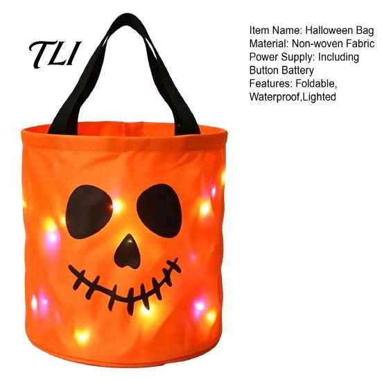 Toddler Halloween Candy Holders Glowing Pumpkin Bag LED Light Up Trick or Treat Bucket Fabric Gift Packaging for Kids Reusable Waterproof Oxford Tote