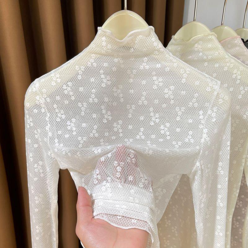 Women's Elegant Turtleneck Sheer Mesh Top with Floral Print Long Sleeve Slim Blouse