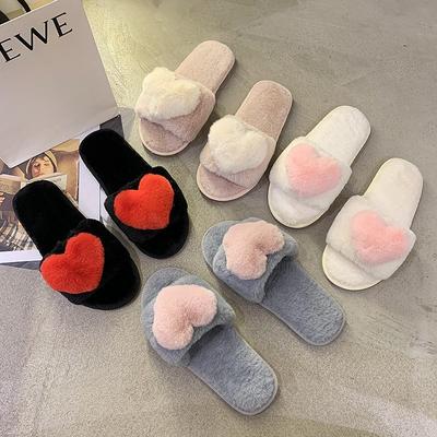2020 New Autumn and Winter Slippers Light Mouth Flat Heel Flat Bottom Daily Home Plush Cotton Slippers Love One Word Hair Drag
