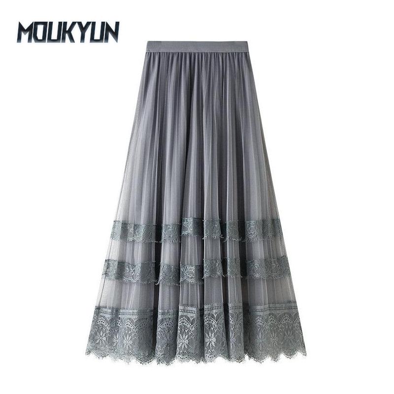 Korean Version of The High-waist Lace Stitching Mesh Skirt Women's Pleated Skirt A-line Mid-length Skirts