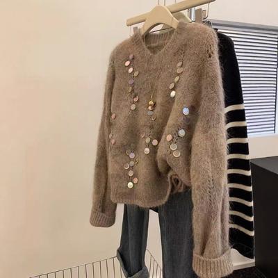Sequined Retro Loose Pullover Soft Waxy Sweater Outer Wear Women's Autumn and Winter Lazy Style Advanced Sense Thickened Knitted Sweater Top