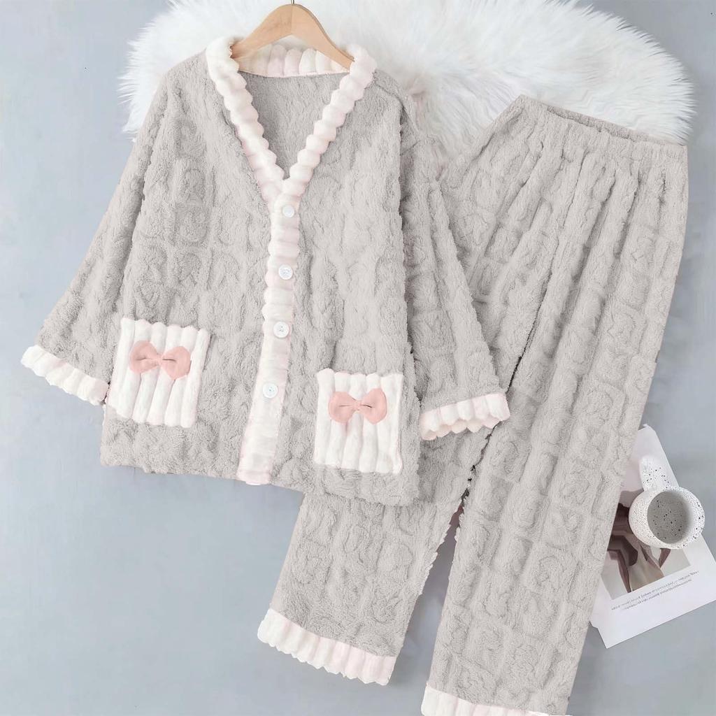 Damen Langarm Flanell Verdickt Warm Hausanzug Strickjacke Set für Oberbekleidung