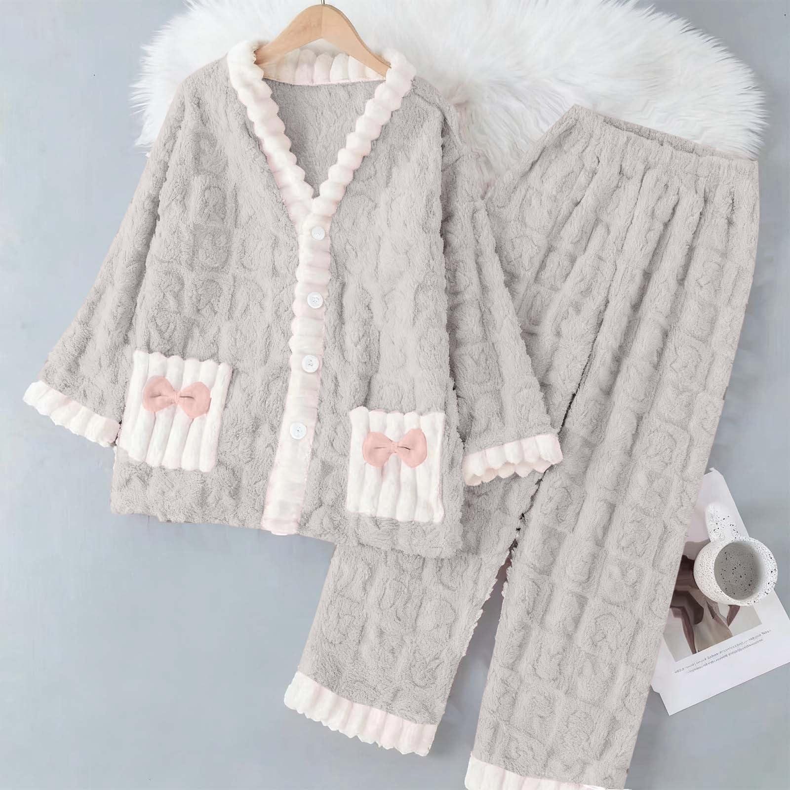 

Women s Long-sleeved Flannel Thickened Warm Home Wear Cardigan Set For Outerwear One Size