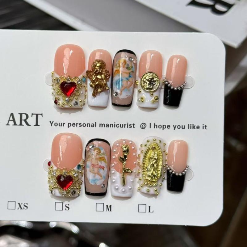 Handmade Press On Nails French Black Tip with 3D Angel & Vintage Gold Charms XS