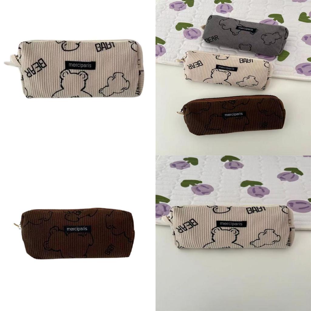 Soft Cotton Bear Print Velvet Canvas Pencil Case Korean Style Large Capacity Stationery Box Pencil Bag Brown