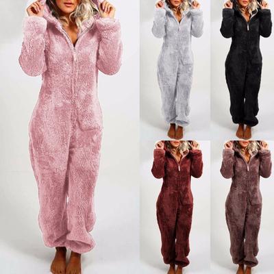 Fall/winter Women's Pure Color Plus Velvet Thick Warm Furry Jumpsuit Hooded Pajamas