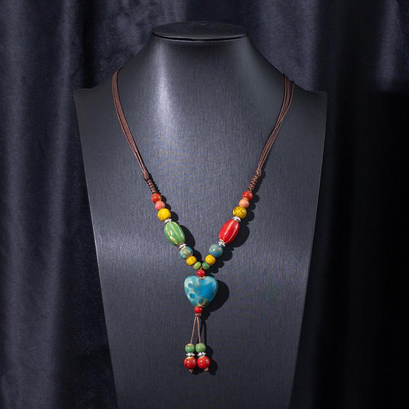 Jingdezhen Ceramic Non-Fading Necklace Ethnic Style Sweater Chain Antique Woven Rope Long Neck Chain
