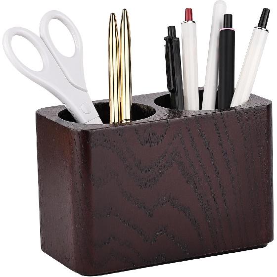 Oak Solid Wood Pen &Pencil Holder for Desk, Office Stationery Organizer, Table Pencil Cup Stand,Desk Accessories Holder, Two Cups Practical Design.
