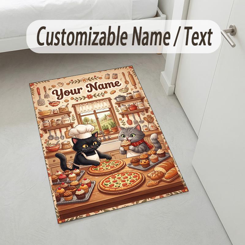 Cat Theme Crystal Velvet Rug Personalized Custom Name Text Soft Floor Mat Home Decor