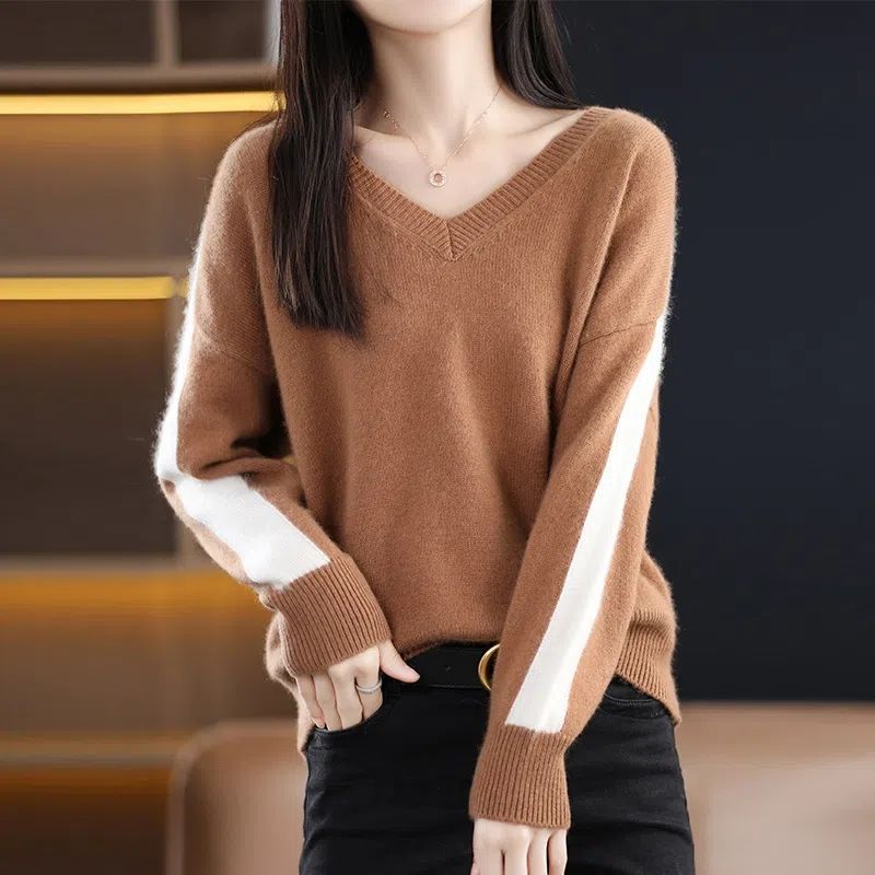 

Осень и зима Пуловер Свитер 2022 Новый V-образный вырез Цвет Контрастный свитер Женщины Свободный длинный рукав Сутулый трикотажНая одежда Пуловер