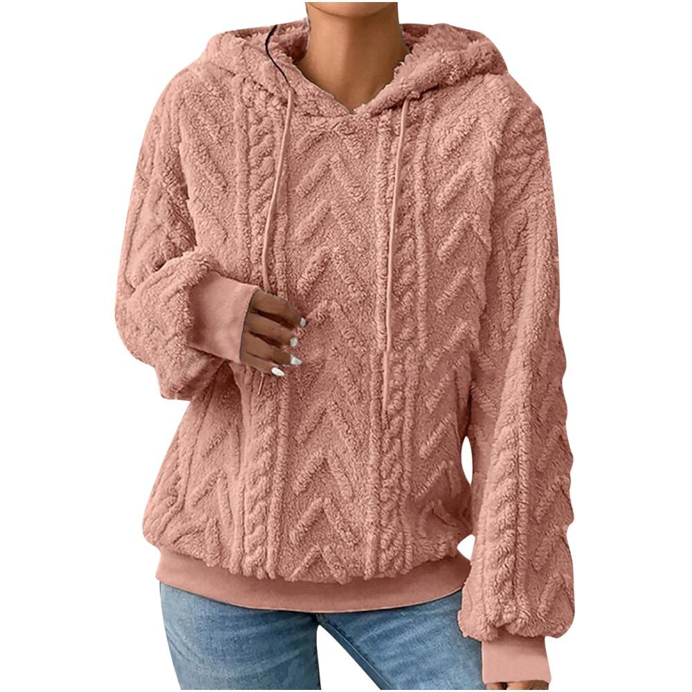 Felpa con cappuccio in pile accogliente da donna, calda, larga, maniche lunghe, tinta unita grigio, pullover casual, pullover invernale casual con cappuccio
