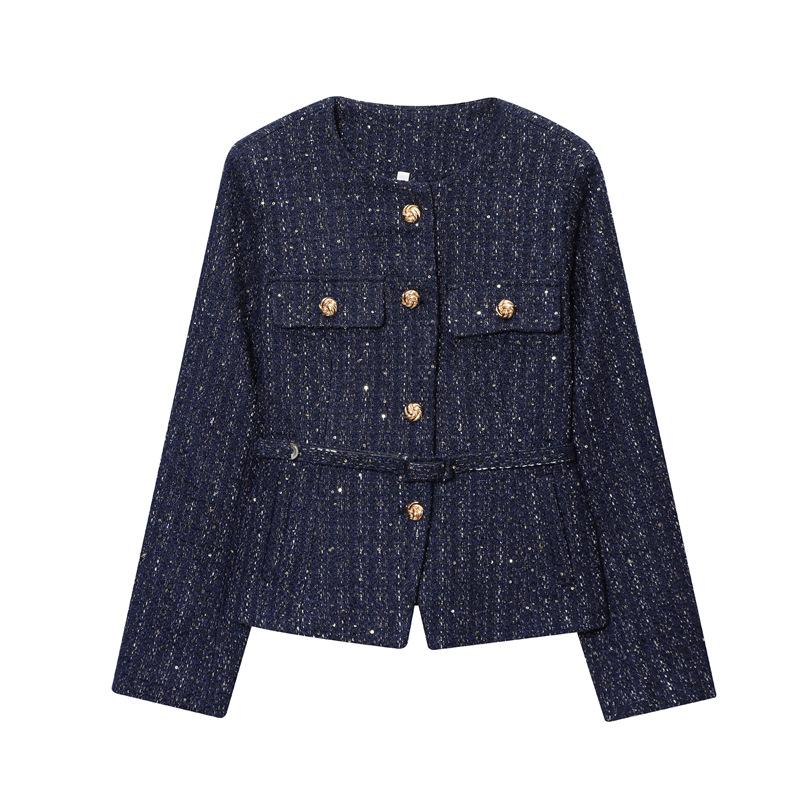 Women Tweed Jacket Round Neck Single Breasted Long Sleeve Belt Waist Pocket Elegant Outerwear Coat