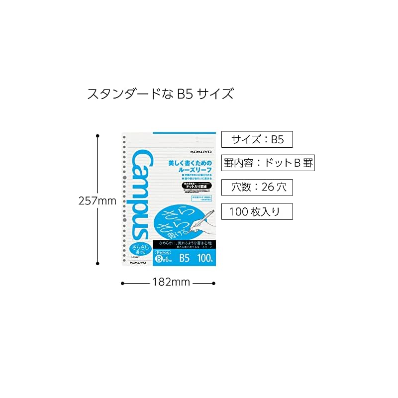 KOKUYO Campus Loose-Leaf Paper, Smooth Writing, Dotted Ruled Lines, B5 Size, B-ruled, 100 Sheets, No-836BTN
