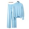 Two Piece Pant Suits Autumn Winter Women New High Neck Sweater Elastic High Waist Wide Leg Pants Knit Set