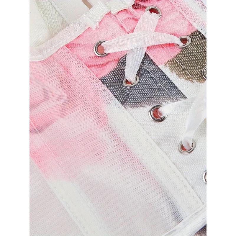 Mesh Rose Print Front Hook Corset Top Spaghetti Strap Bustier Crop Top for Women