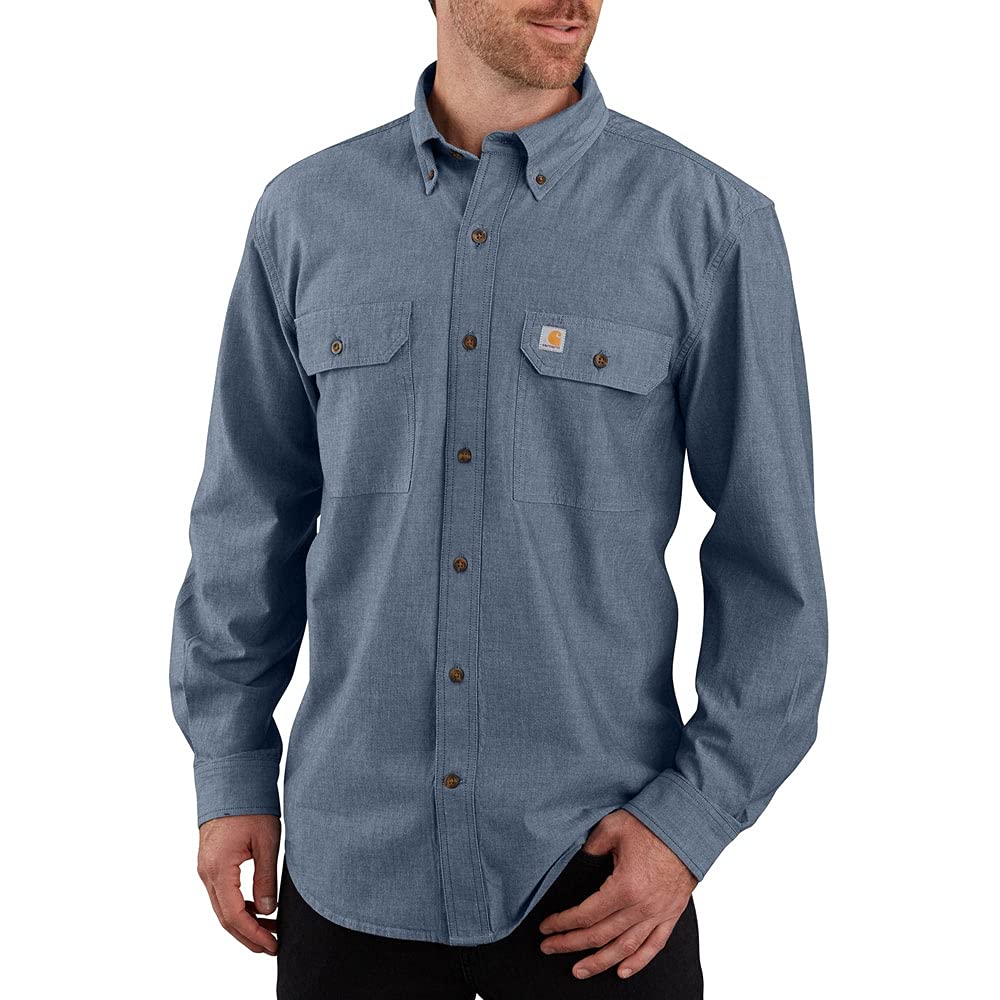 Carhartt Long Sleeve Shirt with Solid Size Denim Blue Chambray Medium Men s Button-Down Pockets, Chambray, 104368, (499),