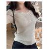 Sweet V-neck Spliced Lace Knitted Sweater Women's Lazy Style Inner Fit Slim Autumn New Sweater Short