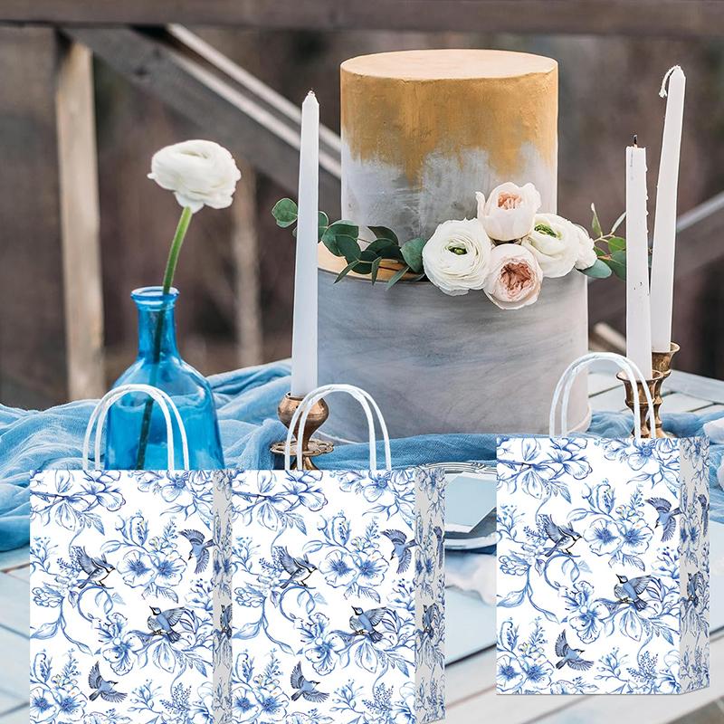 10pcs Paper Gift Bags Elegant Blue & White Parties Porcelain Floral Tote Bags Chinese