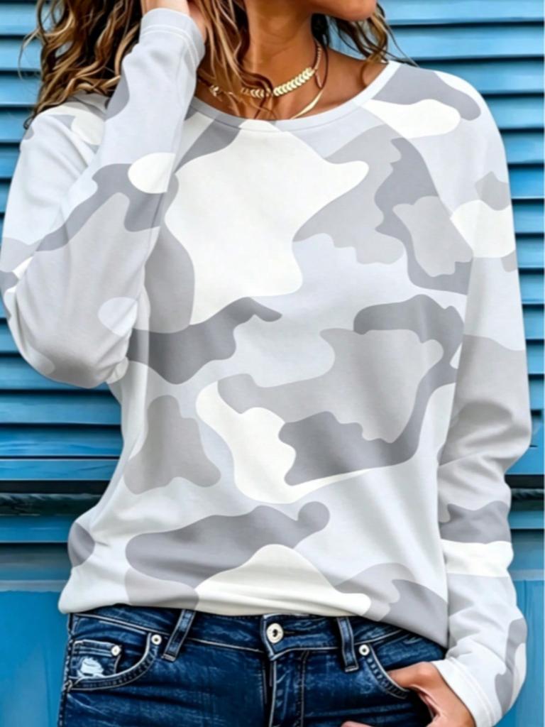 Fall Tops Women's Casual Long-Sleeve T-Shirt In Classic Camouflage, Featuring Interlocking Green, Brown, Black, And Khaki Color Blocks For A Pseudo-Ca