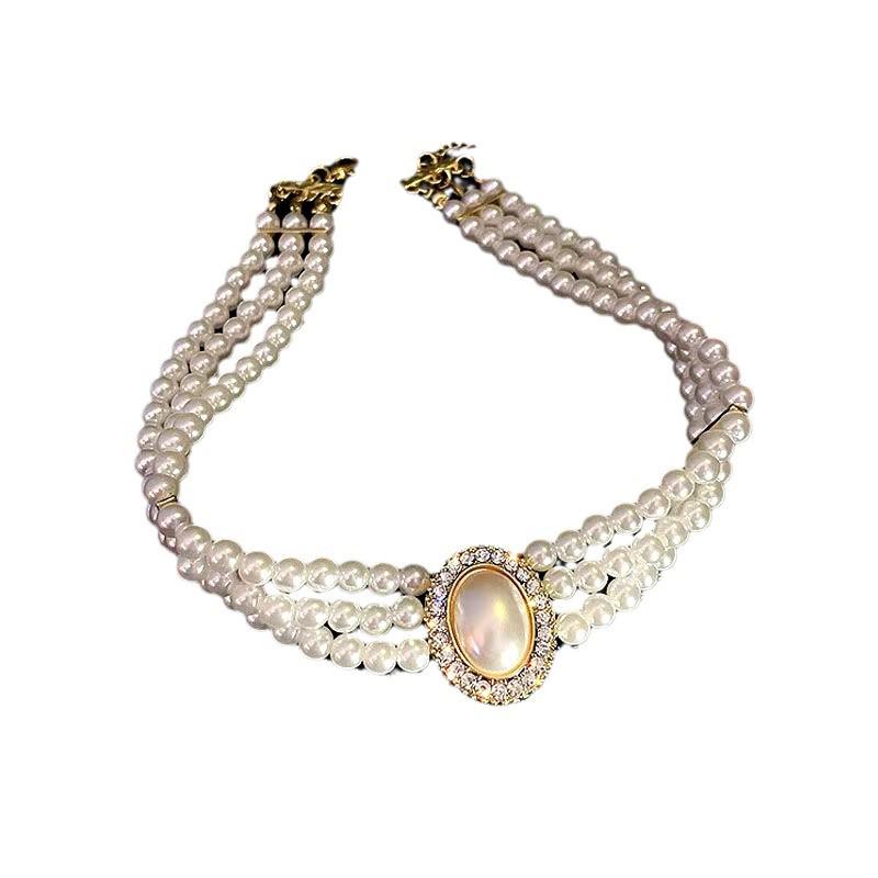 Retro Etnický Perlový a Diamantový Náhrdelník na Klíční Kost