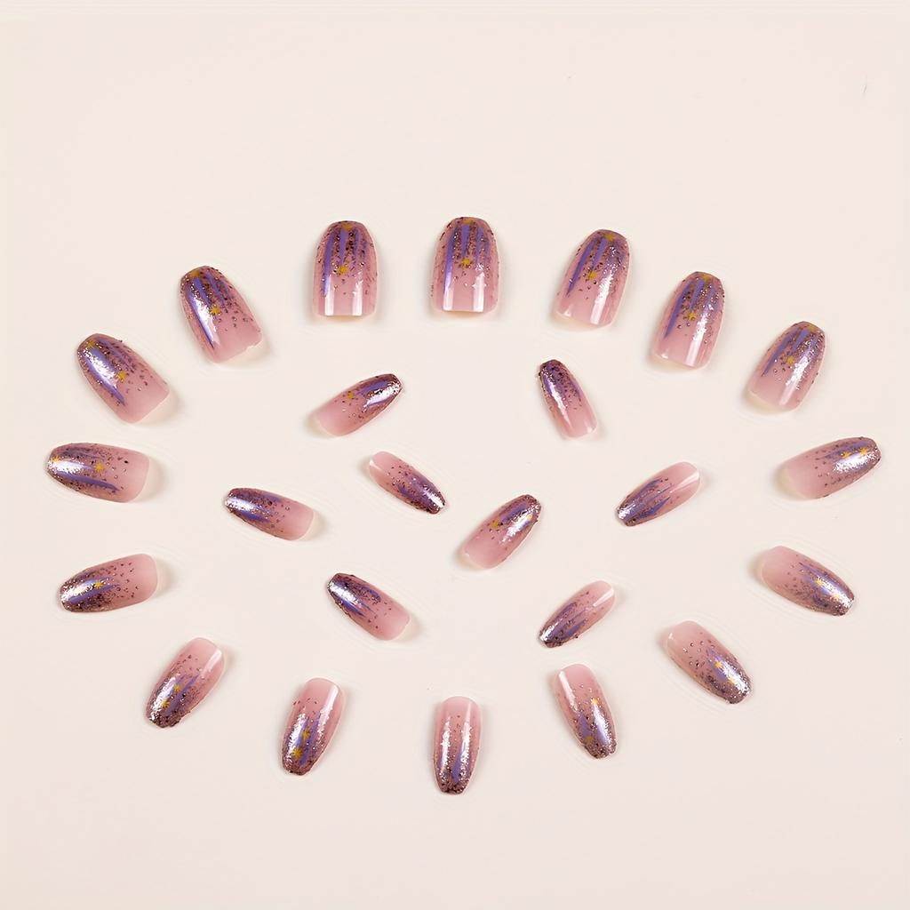24pcs Glossy Short Square Fake Nails, Aurora Purple Press On Nails With Glitter Sequin Star Design, Sparkling Full Cover False Nails For Women Girls