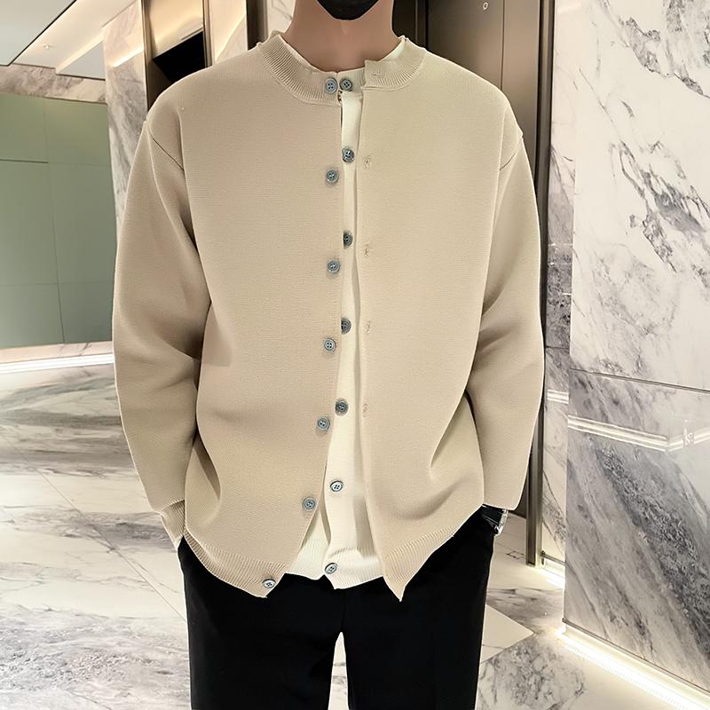 Pulover cardigan nou, retro american, ocazional, în stil relaxat, cu gât rotund, haină pentru bărbați de culoare uni