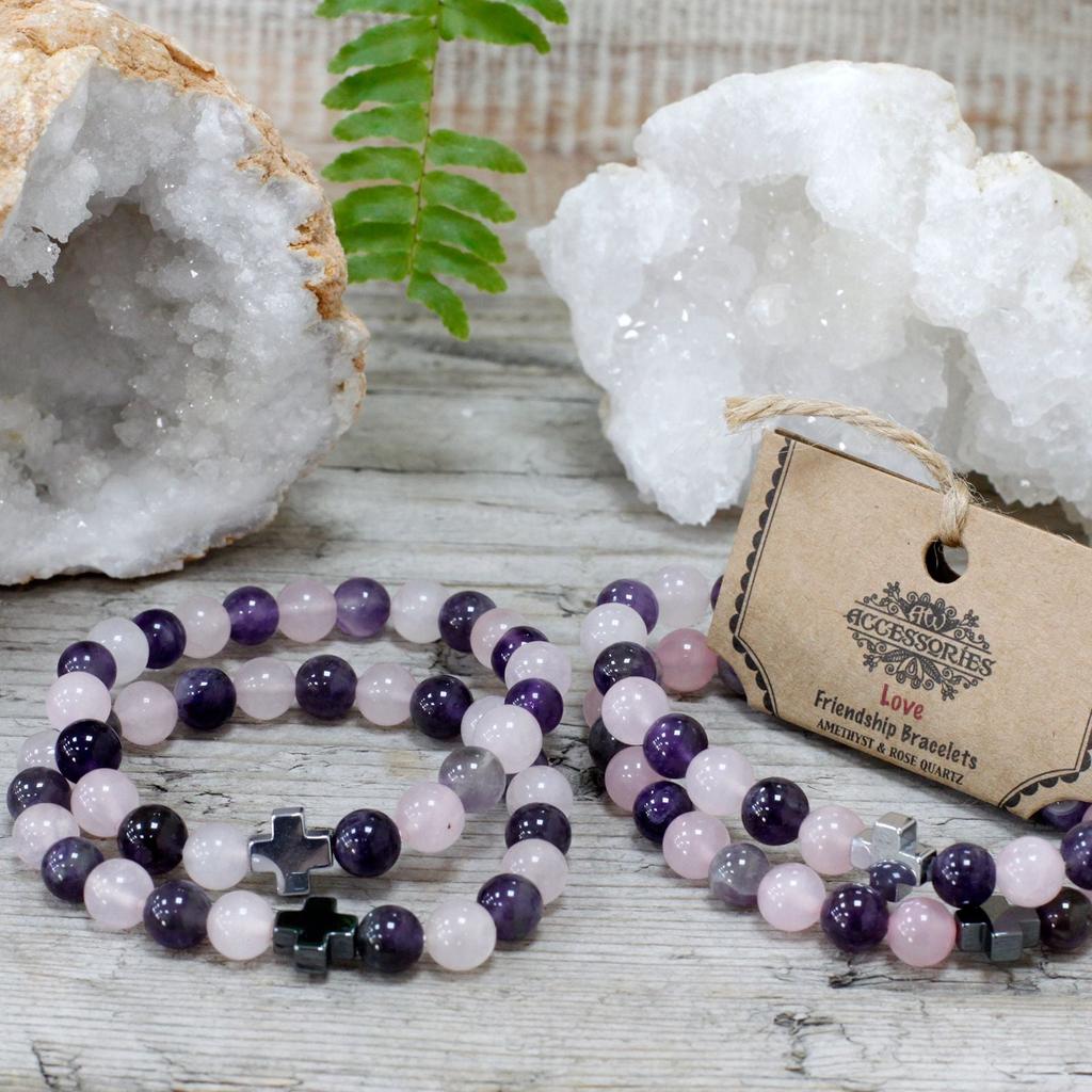 Couple Bracelets Set of 2 Amethyst Rose Quartz