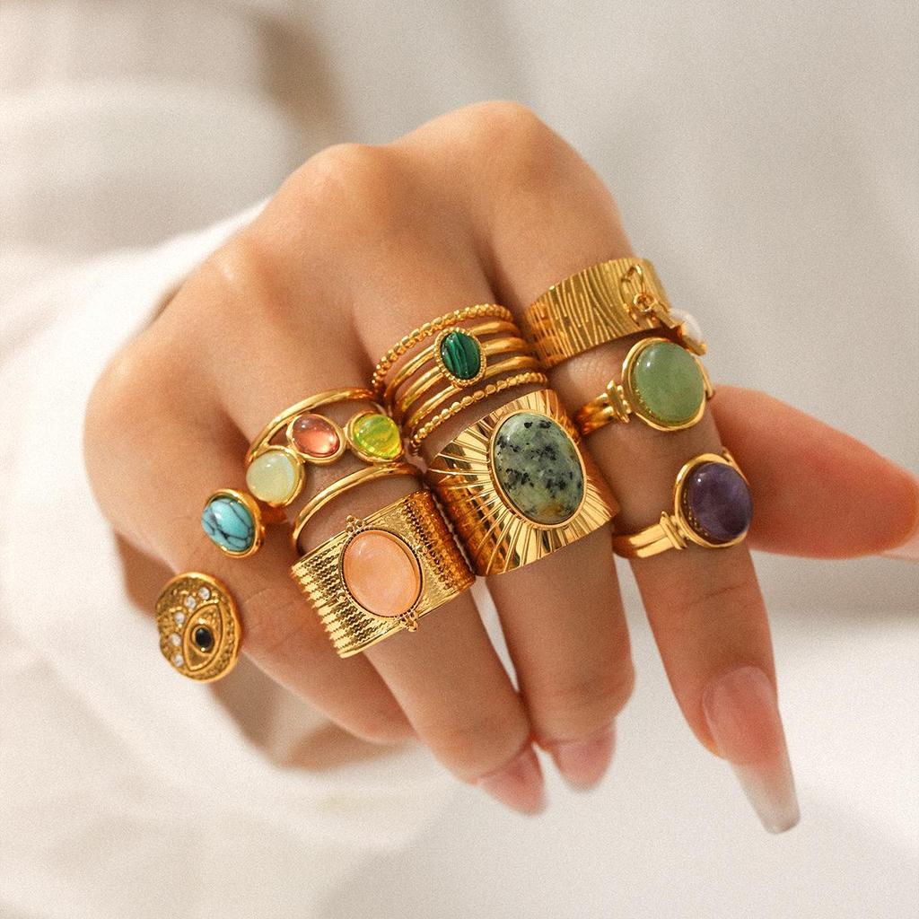 Women's Colorfast Retro Stainless Steel Ring with Natural Stone, Open & Versatile Titanium Steel Design
