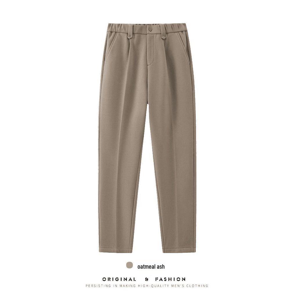 Men's Micro-Tapered Wool Suit Pants: Elastic Waist, Straight Leg, Wrinkle-Resistant, Slimming, Warm, Casual Trousers for Autumn & Winter.