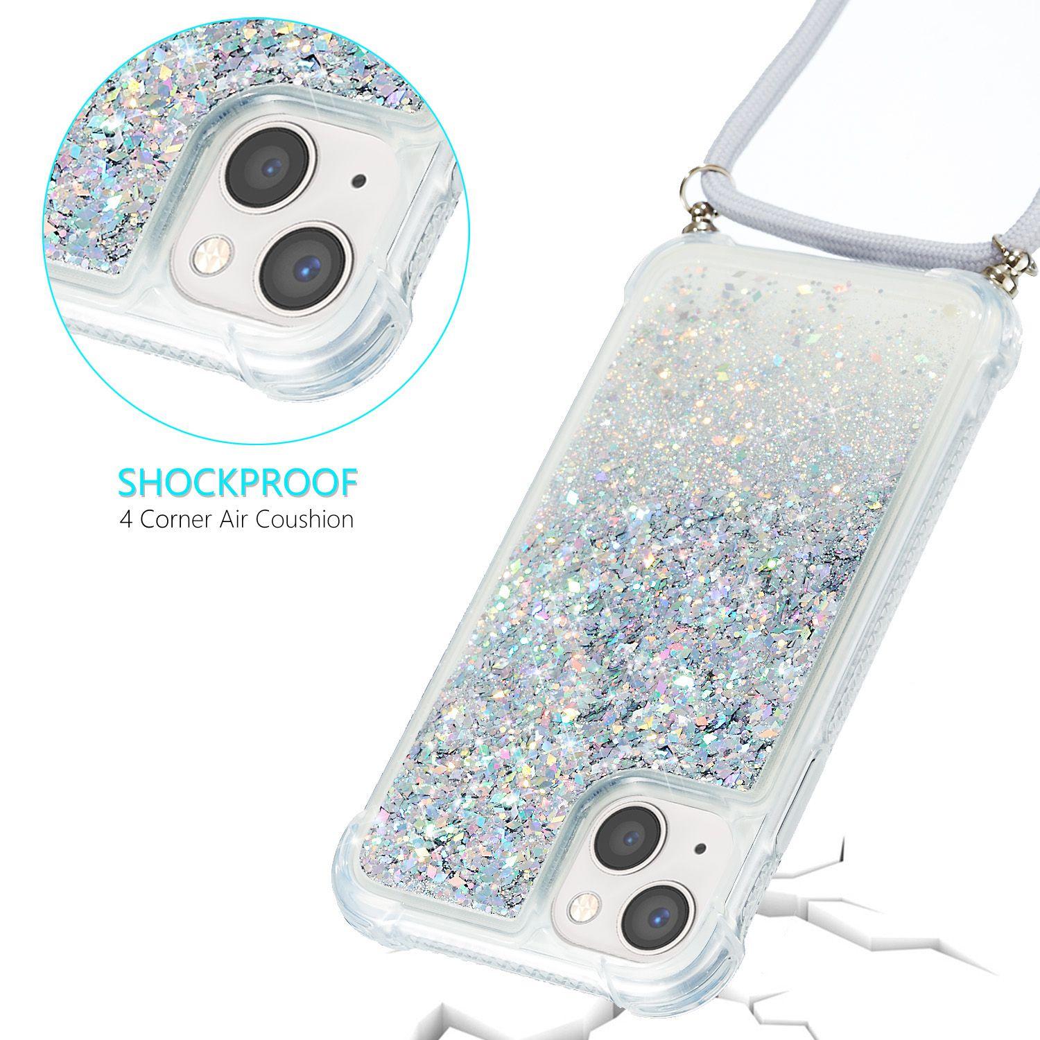

For iPhone 14 6.1 inch Glitter Flowing Liquid Floating Phone Case Quicksand Clear Soft TPU Protective Cover with Adjustable Lanyard Silver