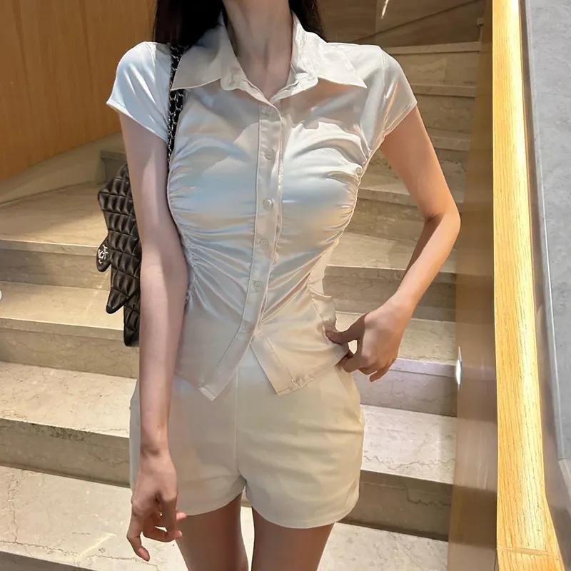 

Women s Navy Blue Ruched Waist Satin Blouse with Short Sleeve Asymmetrical Hem Button Down Shirt OneSize бежевий