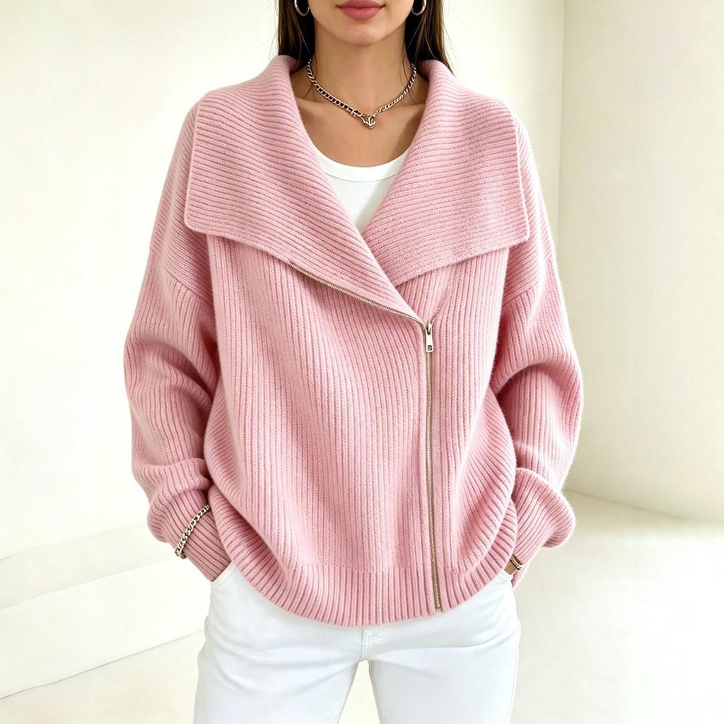 Women's Double Zipper Knit Cardigan Sweater with Lapel Collar for Casual Fashion