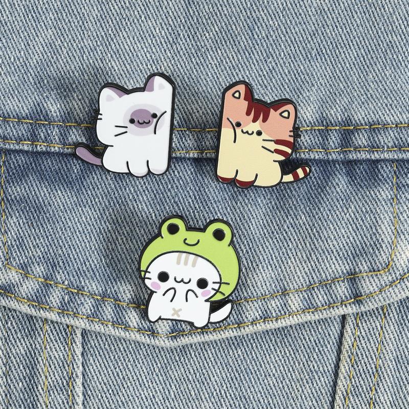 Cozy Chonky Cat Enamel Pins Set Cartoon Cat Brooches Frog Hat Tabby Cat Lapel Badges Jewelry Accessories Gifts For Girls