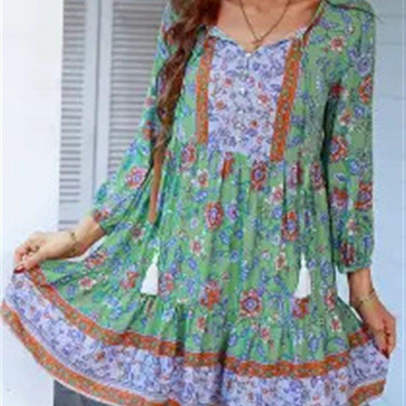 

Womens Summer New Bohemian Floral Button VNeck Tassel Dres Green L
