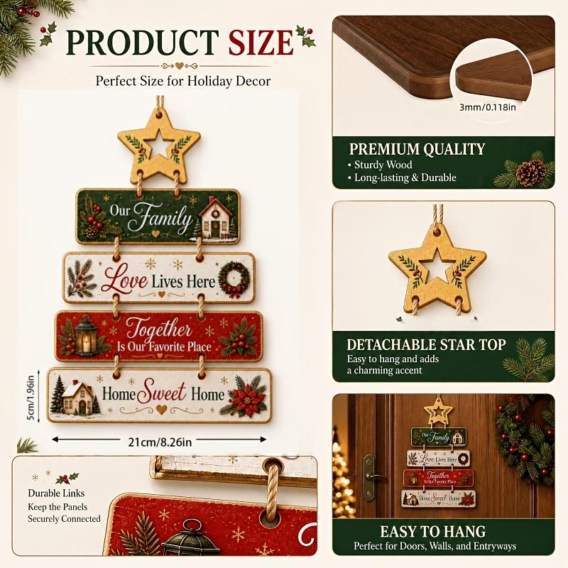 Christmas Wooden Hanging Sign Ornament, Tree-Shaped Layered Plaque with Star Top, Our Family Love Lives Here Home Sweet Home Rustic Wall Pendant