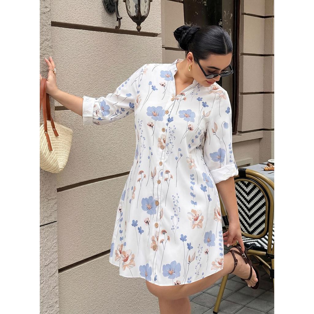 Plus Size Stand Collar Floral Print Dress Seven Sleeve Single Breasted Loose Slim Fit Vacation Dress Fashion Elegant Comfortable Dress