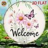 Round Metal Welcome Sign with Butterfly and Flower Decor for Garden Patio