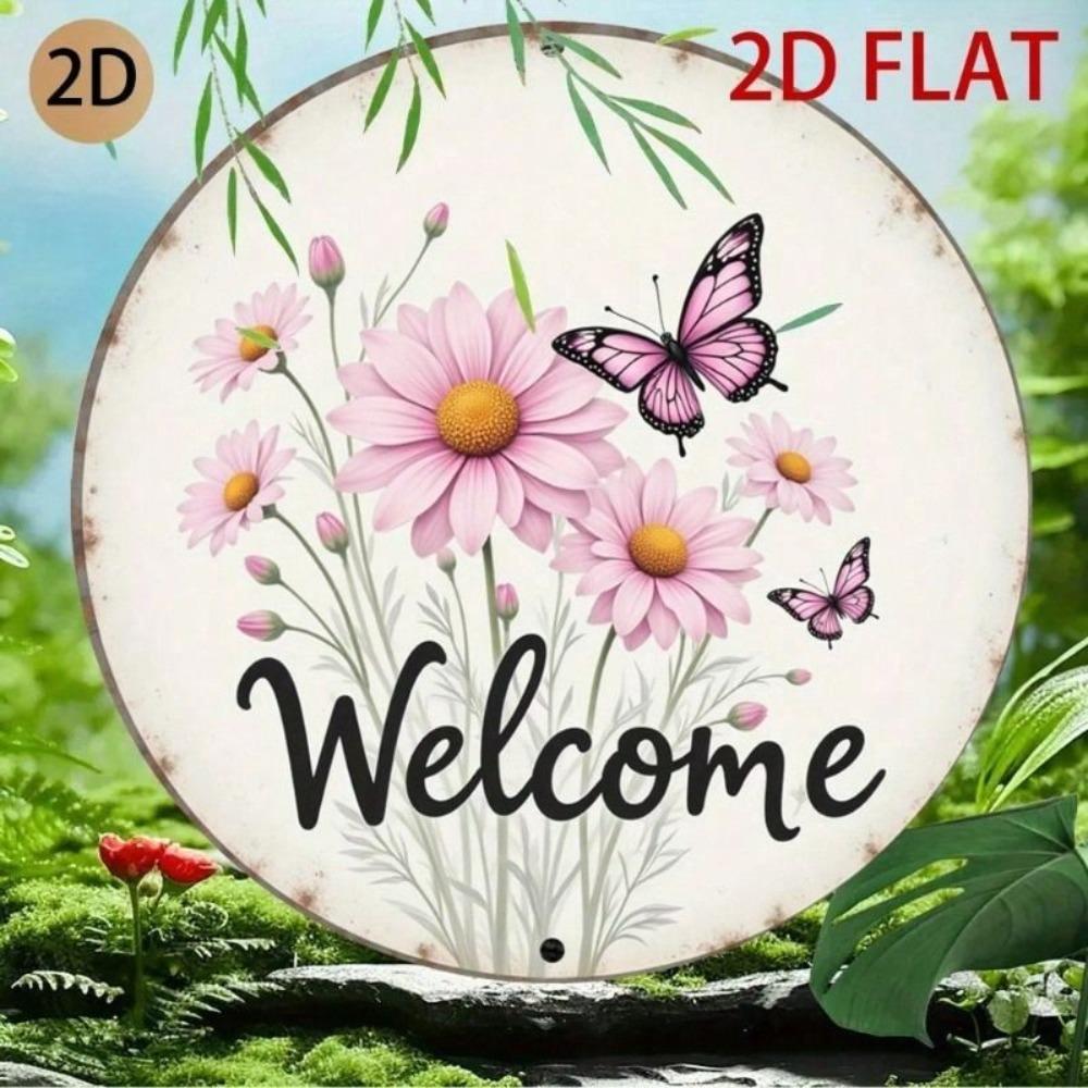 Round Metal Welcome Sign with Butterfly and Flower Decor for Garden Patio