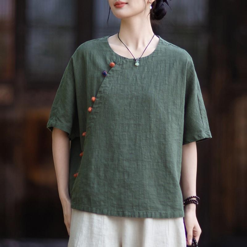 Johnature Women Vintage Shirts Summer Chinese Style Solid Color O-Neck Short Sleeve Button Female Tops