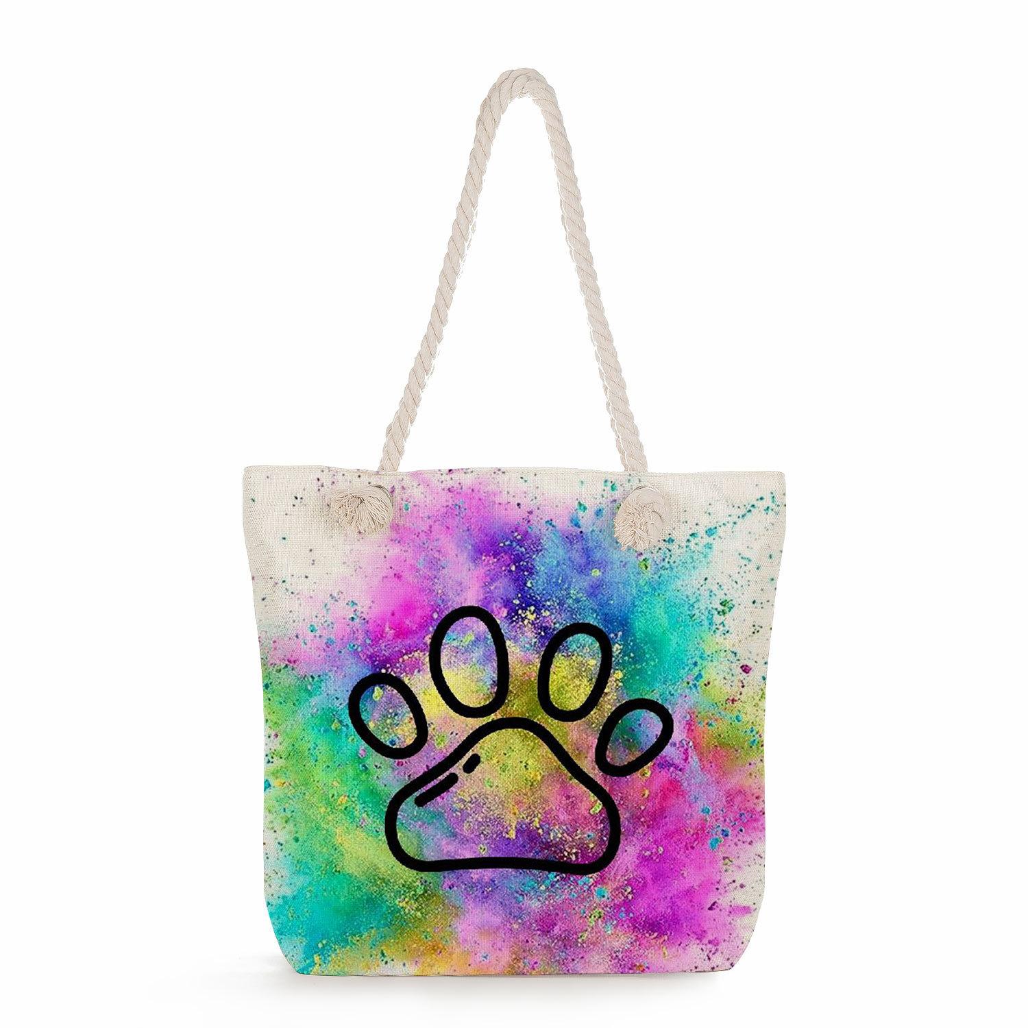 Dog paw print thick rope single-shoulder beach bag 7259