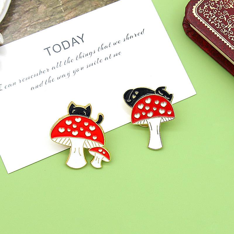 Naughty Black Cat and Red Heart Mushroom Brooch