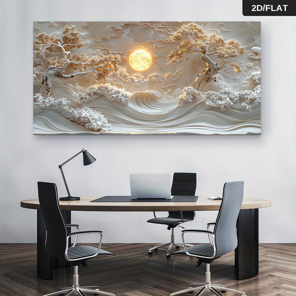A Modern Abstract Gold Moonlight Tree Tranquil Landscape Oil Painting Wall Art Piece, Featuring Swirling Waves and a Full Moon,