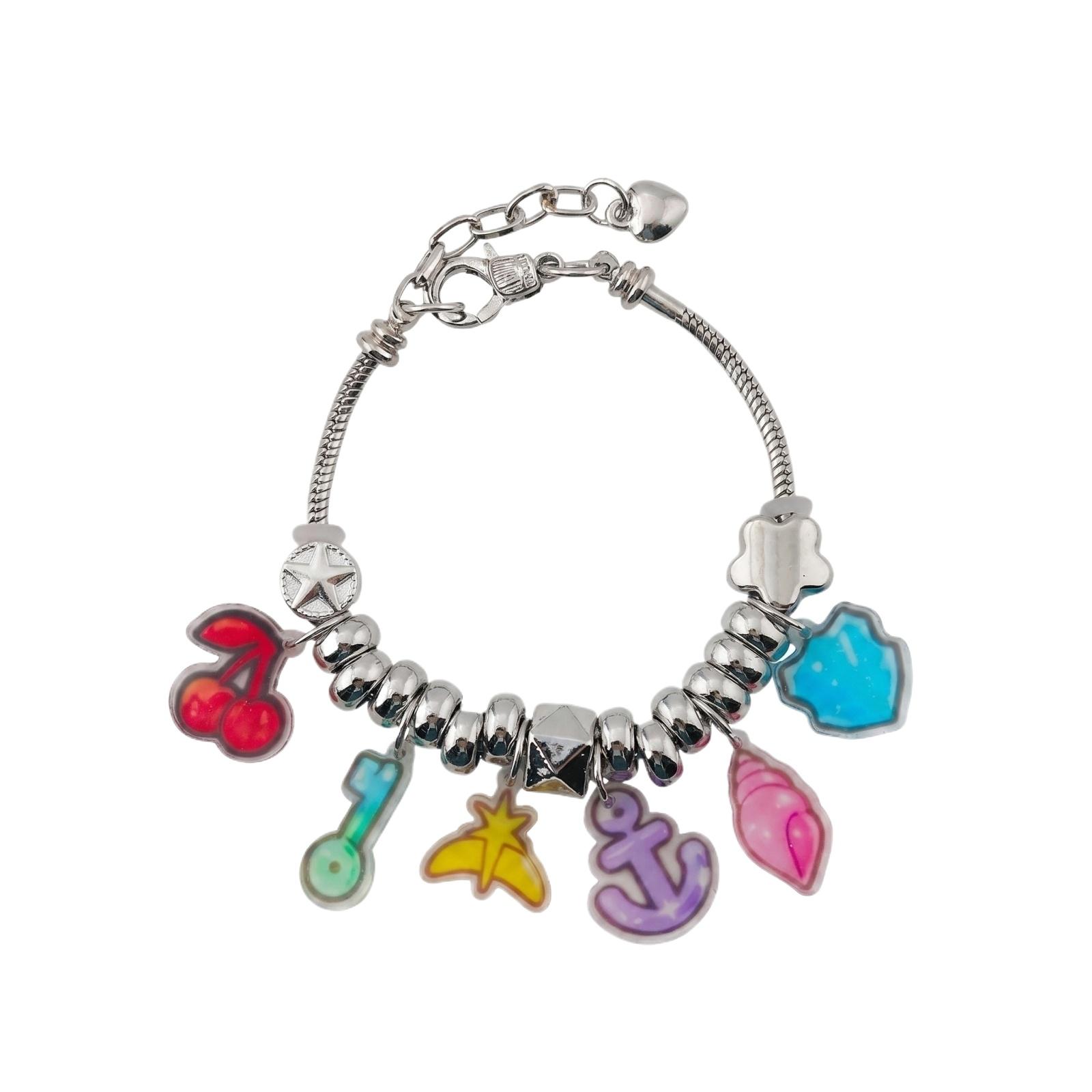 

Adjustable Charm Bracelet with Multiple Beads and Cartoon Style Pendants Including Anchor Key Star Shell and Cherry Design for Casual Wear one size