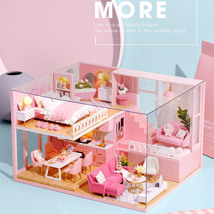 Puppenhaus Bausatz 3D Holz Mini Puppenhaus Montage Gebäude mit Möbelbausatz Spielzeug Kinder Geburtstagsgeschenk 3D Puzzle Handgefertigt