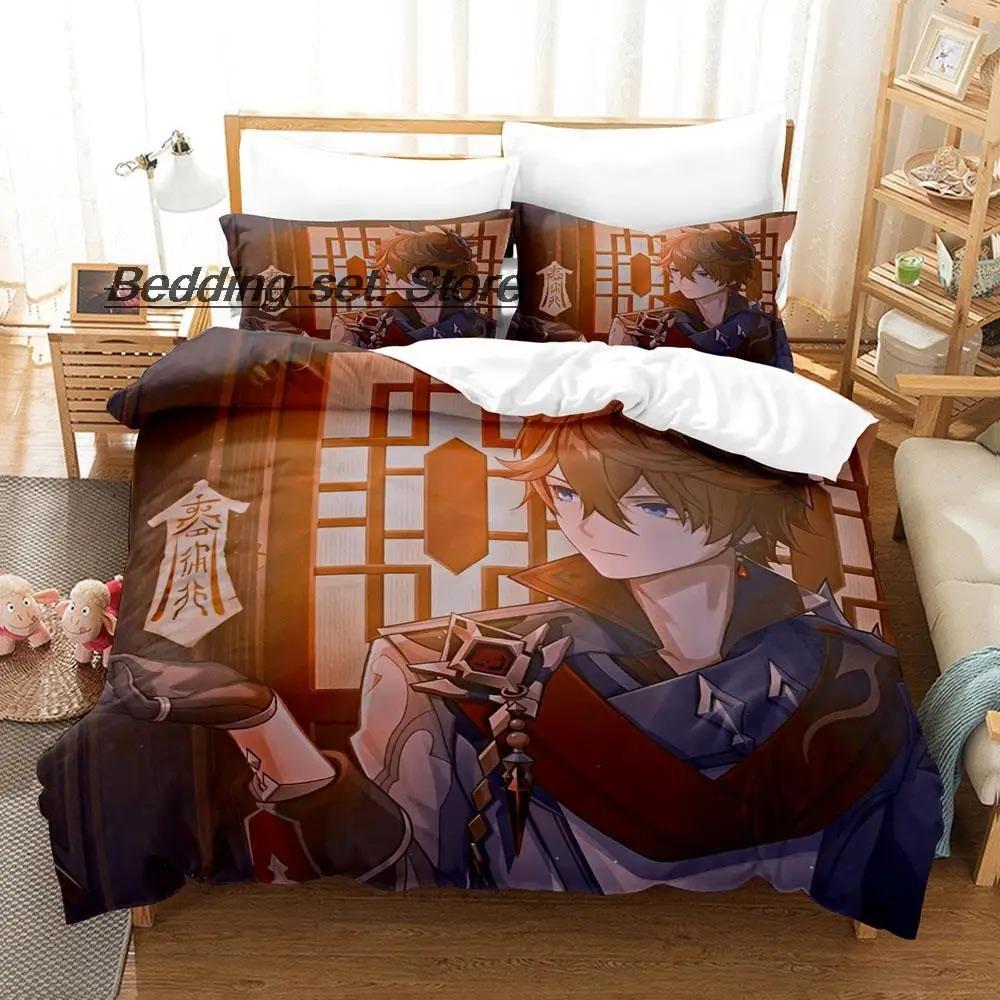 

Комплект постельного белья Kawaii Genshin Impact Tartaglia, односпальная кровать, двуспальная кровать размера «king-size», комплект постельного белья для детей, пододеяльники для детской спальни AU King 240x210cm