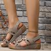 Fashion Ankle Strap Women Sandals Casual Wedges Mid Heels Shoes Women Solid Leather Hook & Loop Summer Sandals Plus Size