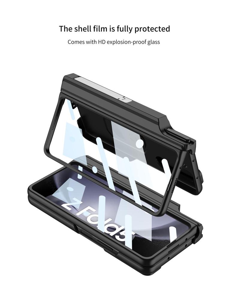 Samsung Z Fold 5 Armor Leather Case with Lens Cover, Magnetic Closure, Folding Pen Holder, and Stand