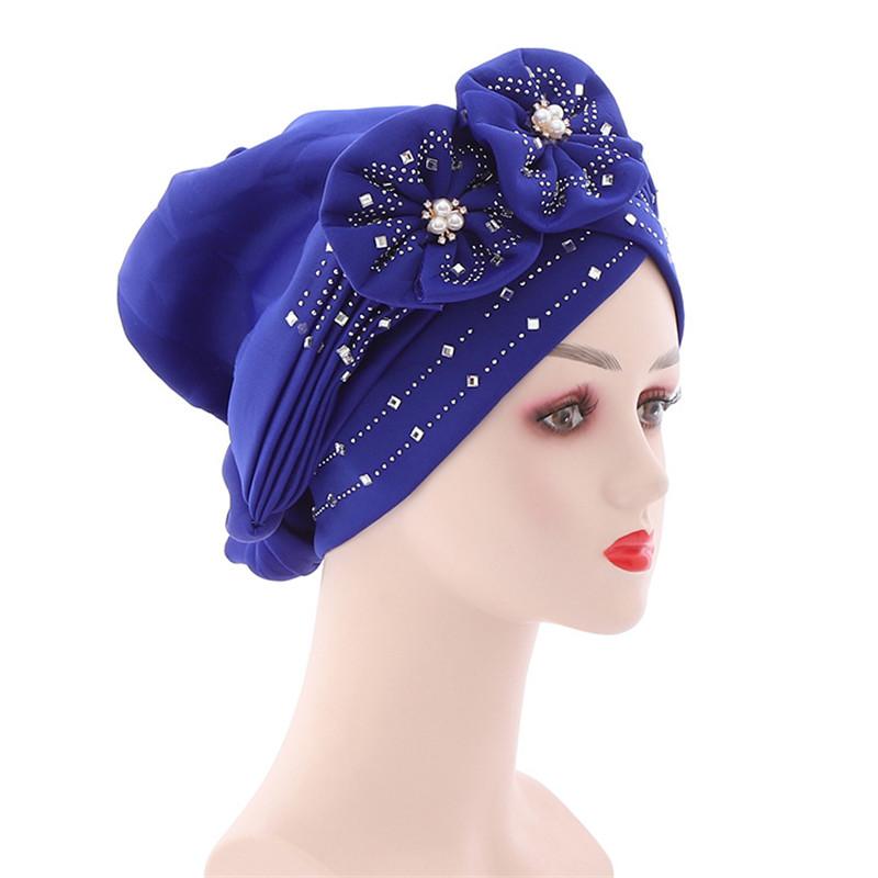 Head Wrap Turban Cap Beanie Flower Decor Rhinestone Headscarf Cap Hair Accessories