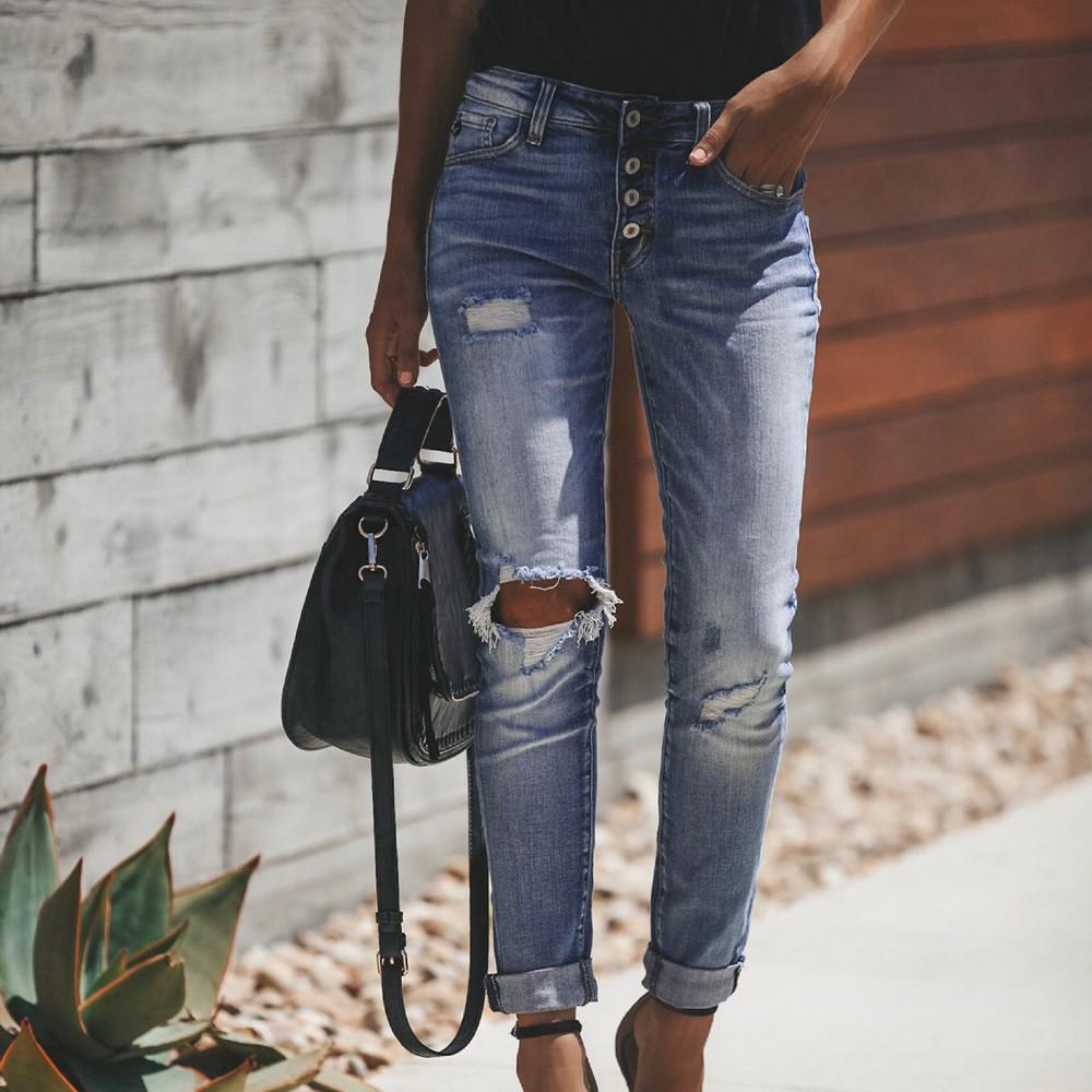 Women High Waisted Hole Skinny Denim Jeans Stretch Trousers Pants Calf  Jeans